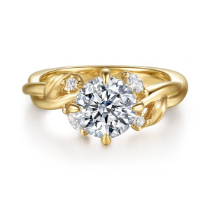 Gabriel & Co. ER16933R6Y44JJ 14 karat yellow gold Floral Nouveau engagement ring, front view of a round center on pointed prongs with brushed leaves and small stones at its sides
