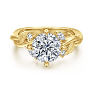 Gabriel & Co. ER16933R8Y44JJ 14 karat yellow gold Floral Nouveau engagement ring, front view of a round center with teardrop tipped prongs and brushed leaves beside small diamonds