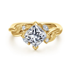 Gabriel & Co. ER16933S6Y44JJ 14 karat yellow gold Floral Nouveau engagement ring, front view of a princess cut center on its corners between satin leaves and small stones