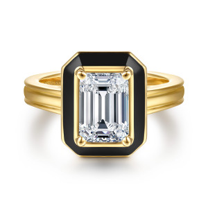 Gabriel & Co. ER16935E8Y4JJJ 14 karat yellow gold Contemporary engagement ring, front view of an emerald cut center in a black filled frame with clipped corners