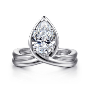 Gabriel & Co. ER16950P8W4JJJ 14 karat white gold Contemporary engagement ring, front view of a pear shaped center inside a curling teardrop frame above a grooved band