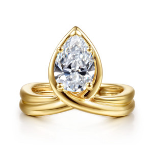 Gabriel & Co. ER16950P8Y4JJJ 14 karat yellow gold Contemporary engagement ring, front view of a pear shaped center point up inside an open teardrop frame