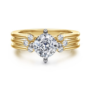 Gabriel & Co. ER16951C6M44JJ 14 karat white and yellow gold Contemporary engagement ring, front view of the cushion cut center turned on the diagonal between clusters of round diamonds