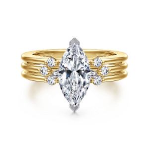 Gabriel & Co. ER16951M6M44JJ 14 karat white and yellow gold Contemporary engagement ring, front view of a marquise center between small stone clusters over a grooved band