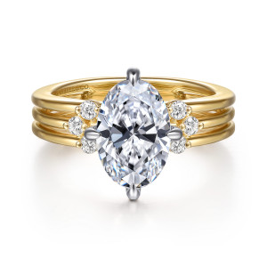 Gabriel & Co. ER16951O8M44JJ 14 karat white and yellow gold Contemporary engagement ring, front view of an oval center flanked by diamond clusters across a three strand band