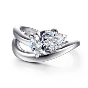 Gabriel & Co. ER16952P8W44JJ 14 karat white gold Contemporary engagement ring, top view of a pear shaped center lying on its side over sweeping rails