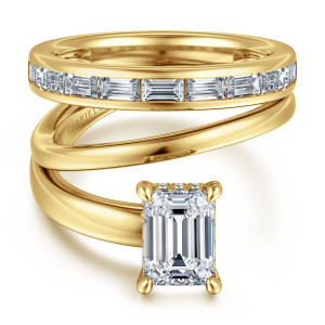 Gabriel & Co. ER16953E6Y44JJ 14 karat yellow gold Contemporary engagement ring, shown with a matching band lined with baguette stones above the crossing shank