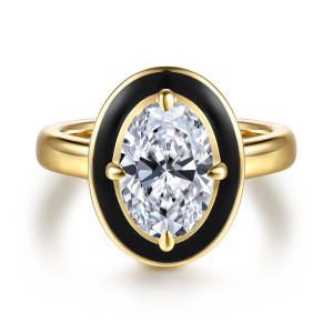 Gabriel & Co. ER16954O8Y44JJ 14 karat yellow gold Contemporary engagement ring, front view of an oval center with prongs at its four compass points inside black enamel