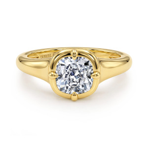 Gabriel & Co. ER16955C6Y4JJJ 14 karat yellow gold Contemporary engagement ring, front view of a cushion center in a raised collar with prongs at top, bottom and sides