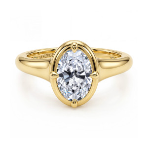 Gabriel & Co. ER16955O6Y4JJJ 14 karat yellow gold Contemporary engagement ring, front view of the oval center inside a polished oval collar with rounded prongs