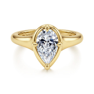 Gabriel & Co. ER16955P6Y4JJJ 14 karat yellow gold Contemporary engagement ring, front view of a pear shaped center inside a smooth rim with ball tipped prongs
