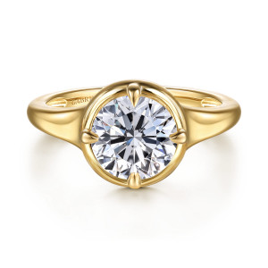 Gabriel & Co. ER16955R8Y4JJJ 14 karat yellow gold Contemporary engagement ring, front view of a round center in a rounded collar with prongs rising through it