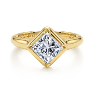 Gabriel & Co. ER16955S6Y4JJJ 14 karat yellow gold Contemporary engagement ring, front view of a square center on point in a square frame, small prong tips at each corner