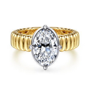 Gabriel & Co. ER16956O8M4JJJ 14 karat white and yellow gold Contemporary engagement ring, front view of an oval center in a thin frame with ribbed shoulders on both sides
