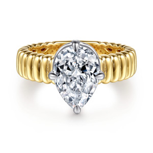 Gabriel & Co. ER16956P8M4JJJ 14 karat white and yellow gold Contemporary engagement ring, front view of a pear shaped center held by four prongs above a wide ribbed band