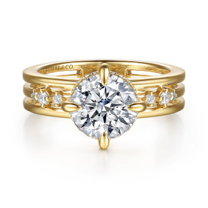 Gabriel & Co. ER16958R8Y44JJ 14 karat yellow gold Contemporary engagement ring, front view of a round center on teardrop prongs above a band of open parallel strands