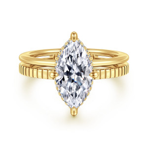Gabriel & Co. ER16959M8Y44JJ 14 karat yellow gold Contemporary engagement ring, front view of a marquise center with tiny stones along its edge above a grooved band