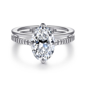 Gabriel & Co. ER16959O8W44JJ 14 karat white gold Contemporary engagement ring, front view of an oval center on slender prongs above a ribbed rail and a smooth rail