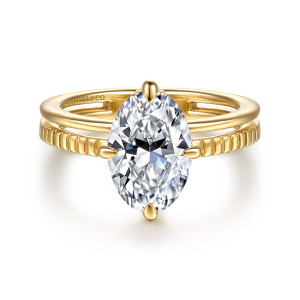 Gabriel & Co. ER16959O8Y44JJ 14 karat yellow gold Contemporary engagement ring, front view of an oval center in four prongs above a smooth strip and a grooved strip
