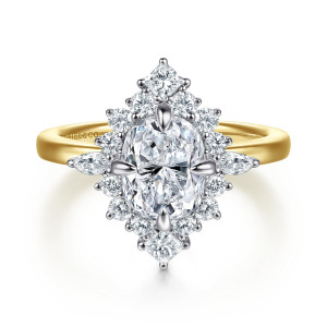 Gabriel & Co. ER16961G8M44JJ 14 karat white and yellow gold Starlight engagement ring, front view of the starburst halo with angular stones at the top and bottom points