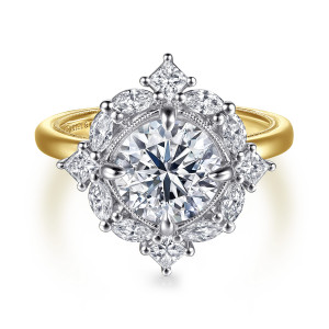 Gabriel & Co. ER16963R8M44JJ 14 karat white and yellow gold Victorian engagement ring, front view of a round center within a beaded rim and four square halo corners
