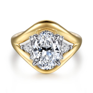 Gabriel & Co. ER16967O8M44JJ 14 karat white and yellow gold Contemporary engagement ring, front view of an oval center framed by a wide swelling band with gaps on both sides