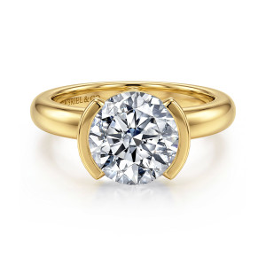 Gabriel & Co. ER16968R12Y4JJJ 14 karat yellow gold Contemporary engagement ring, front view of a round center gripped at the sides by two curved metal bars