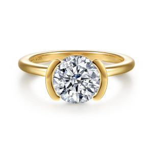 Gabriel & Co. ER16968R8Y4JJJ 14 karat yellow gold Contemporary engagement ring, front view of a round center held by curved bars at its sides above a plain band