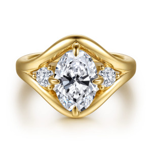 Gabriel & Co. ER16970O8Y44JJ 14 karat yellow gold Contemporary engagement ring, front view of an oval center inside sweeping shank arms with a small round diamond each side
