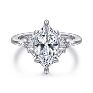 Gabriel & Co. ER16975M8W44JJ 14 karat white gold Floral Nouveau engagement ring, front view of a marquise center held by six teardrop prongs with baguette fans at each side