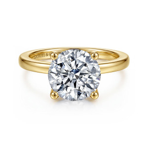 Gabriel & Co. ER16976R12Y44JJ 14 karat yellow gold Contemporary engagement ring, front view of a round center held by four ball tipped prongs on a plain band