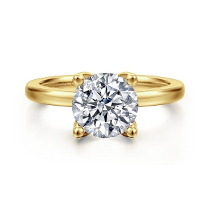 Gabriel & Co. ER16976R8Y44JJ 14 karat yellow gold Contemporary engagement ring, front view of a round center held by four ball tipped prongs on a smooth band