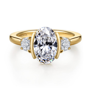 Gabriel & Co. ER16983O8Y43JJ 14 karat yellow gold Contemporary engagement ring, front view of an oval center between two straight bars with a half moon diamond on each side