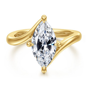 Gabriel & Co. ER16994M10Y4JJJ 14 karat yellow gold Contemporary engagement ring, front view of the marquise center with the two shank ends sweeping past each other