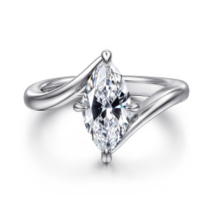 Gabriel & Co. ER16994M6W4JJJ 14 karat white gold Contemporary engagement ring, front view of tapered band ends sweeping past each other around a marquise center