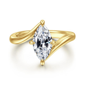 Gabriel & Co. ER16994M6Y4JJJ 14 karat yellow gold Contemporary engagement ring, front view of a marquise center whose prongs meet the smooth band arms at opposite tips