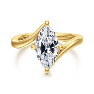 Gabriel & Co. ER16994M8Y4JJJ 14 karat yellow gold Contemporary engagement ring, front view of the marquise center set upright between two smooth arms that curve past its sides