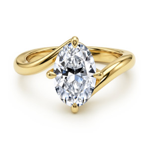 Gabriel & Co. ER16994O10Y4JJJ 14 karat yellow gold Contemporary engagement ring, front view of an oval center gripped by four prongs between two sweeping polished arms