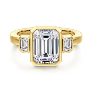 Gabriel & Co. ER16995E12Y43JJ 14 karat yellow gold Contemporary engagement ring, front view of an emerald cut center with a small step cut diamond bezel on each side