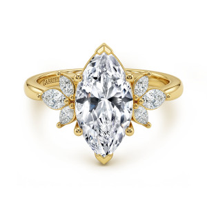 Gabriel & Co. ER16996M12Y43JJ 14 karat yellow gold Floral Nouveau engagement ring, front view of the marquise center with pointed end tips and petal clusters on both shoulders