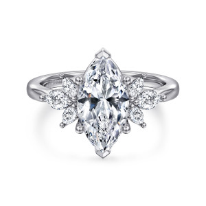 Gabriel & Co. ER16996M8W43JJ 14 karat white gold Floral Nouveau engagement ring, front view of the marquise center with pointed corner claws and small stone fans beside it