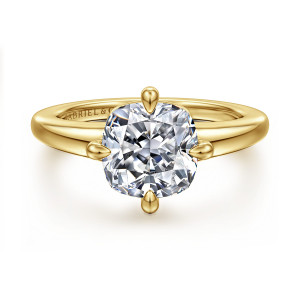 Gabriel & Co. ER16999C12Y4JJJ 14 karat yellow gold Contemporary engagement ring, front view of the cushion center with teardrop shaped prongs at the middle of each side