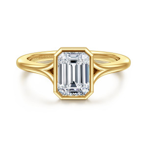 Gabriel & Co. ER17000E6Y4JJJ 14 karat yellow gold Contemporary engagement ring, front view of an emerald cut center inside a smooth bezel with clipped corners