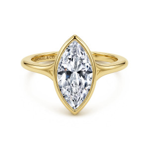 Gabriel & Co. ER17000M8Y4JJJ 14 karat yellow gold Contemporary engagement ring, front view of the pointed bezel outline around a marquise center above a smooth curved band