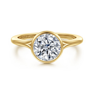 Gabriel & Co. ER17000R6Y4JJJ 14 karat yellow gold Contemporary engagement ring, front view of the round center enclosed by a smooth bezel rim on a plain band