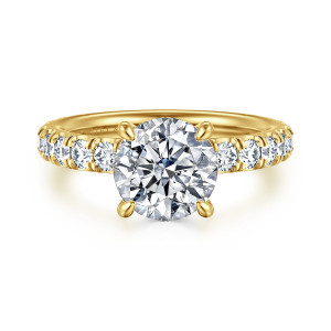 Gabriel & Co. ER17003R8Y44JJ 14 karat yellow gold Classic engagement ring, front view of a round center held by four claw prongs between rows of round band stones