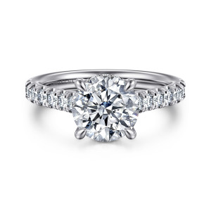 Gabriel & Co. ER17004R8W44JJ 14 karat white gold Classic engagement ring, front view of a round center with four rounded prongs and diamonds along both shoulders