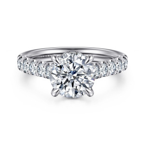 Gabriel & Co. ER17005R8W44JJ 14 karat white gold Classic engagement ring, front view of a round center between rows of round stones running along the shoulders