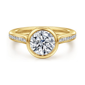 Gabriel & Co. ER17010R6Y44JJ 14 karat yellow gold Contemporary engagement ring, front view of a round center in a smooth bezel with diamonds along both shoulders