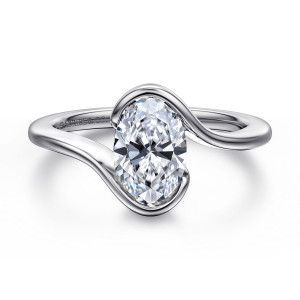 Gabriel & Co. ER17011O6W4JJJ 14 karat white gold Contemporary engagement ring, front view of the oval center held by curled ends, with the long sides left open